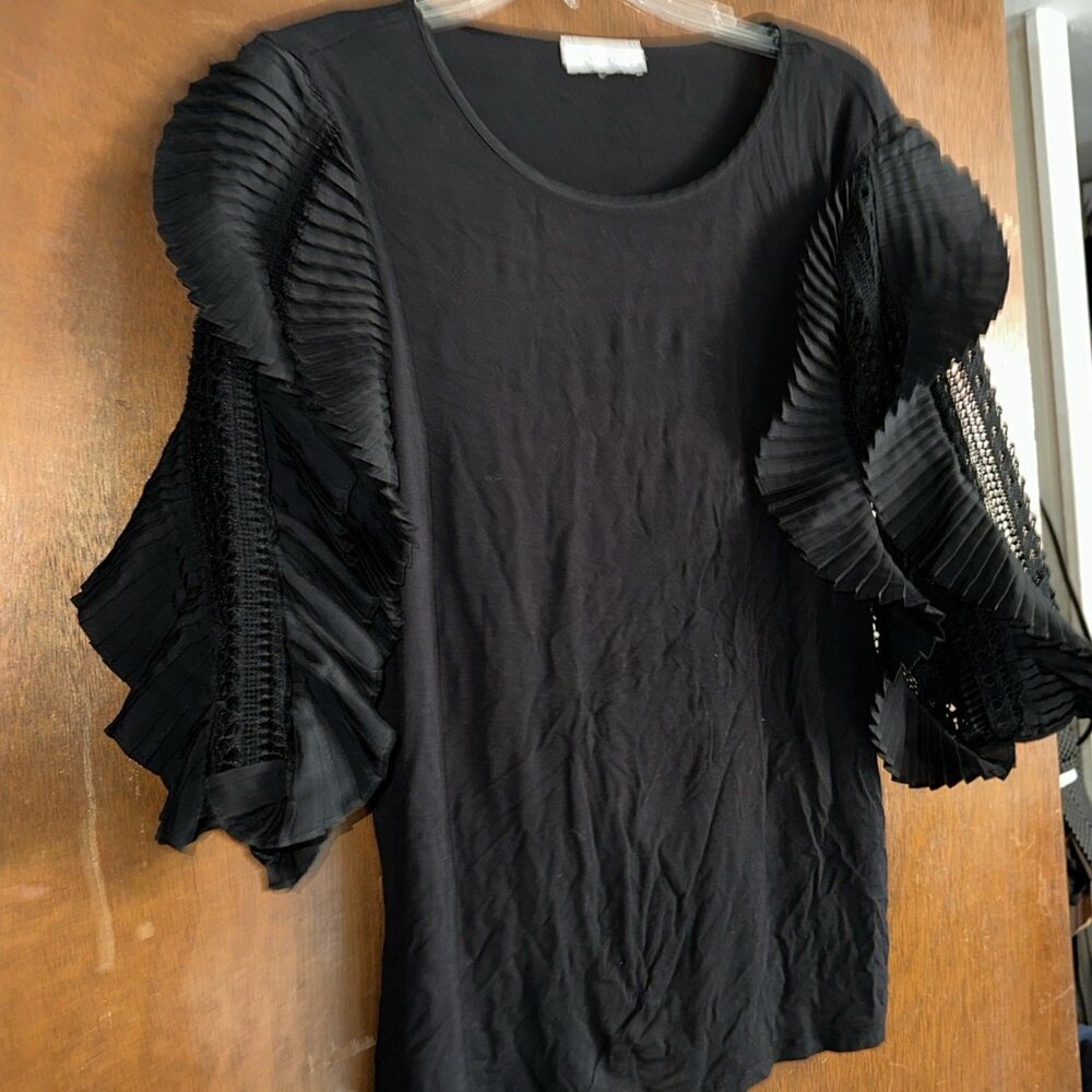 Calligraphie Black Sheer Mesh Fringed 3/4 Sleeve Top Blouse Womens Size L